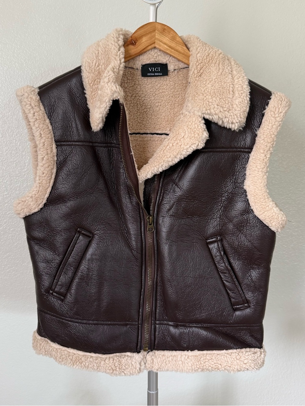 VICI Dark Brown Leather Vest with Cream Sherpa Trim